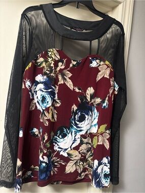 Isabel Hailey Floral Mesh Sleeve burgundy floral  Women's Top w leather trim